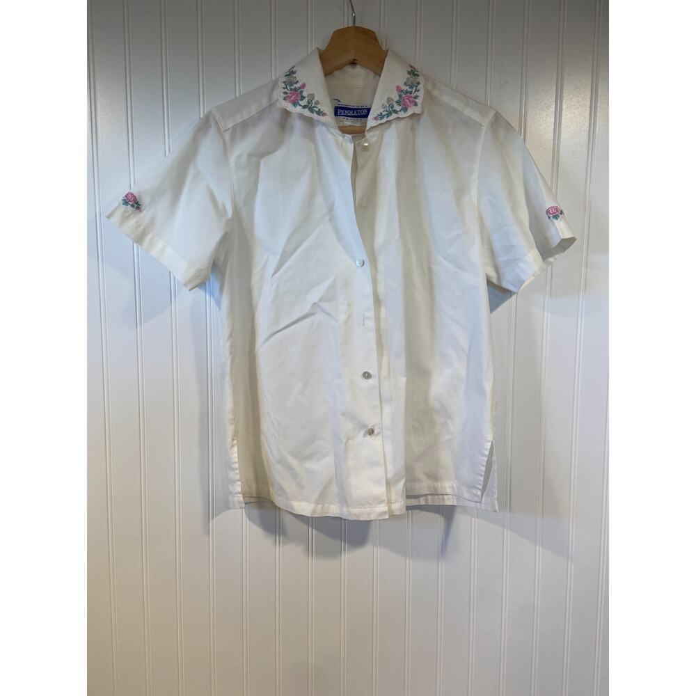 Pendleton Blouse Women's 4 Cream/ivory Button Up Shirt, Embroidered Collar, VTG